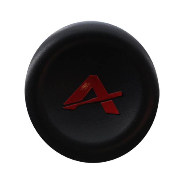 Top-down view of a black baseball bat end cap with a red A logo.