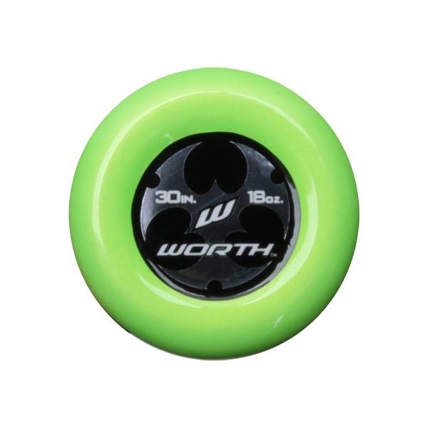 End view of a lime green softball bat with 30in., 18oz., and WORTH branding.