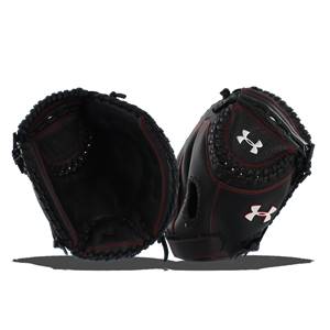 Front view of a black Under Armour catchers mitt with red stitching and two white Under Armour logos.