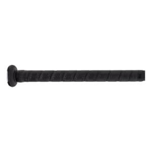 Close-up side view of a black baseball bat handle with a black knob and textured spiral-wrapped grip.