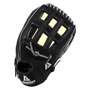 Top-down view of a black baseball glove with white stitching and a webbed pocket.