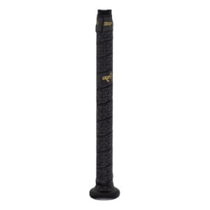 Close-up of a black baseball bat grip with a diamond pattern and gold Icon text.