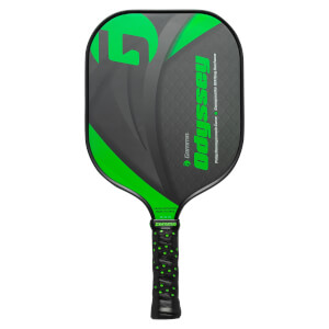 Front view of a black pickleball paddle with green accents, Odyssey text, and a textured grip.