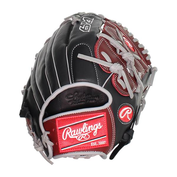 Close-up of a black and red Rawlings R9 baseball glove with white stitching and R9 logo.