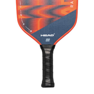 Top-down view of an orange and blue pickleball paddle with HEAD branding and a black grip.