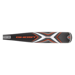 Side view of a black baseball bat with orange and white Ghost branding and a textured end cap.