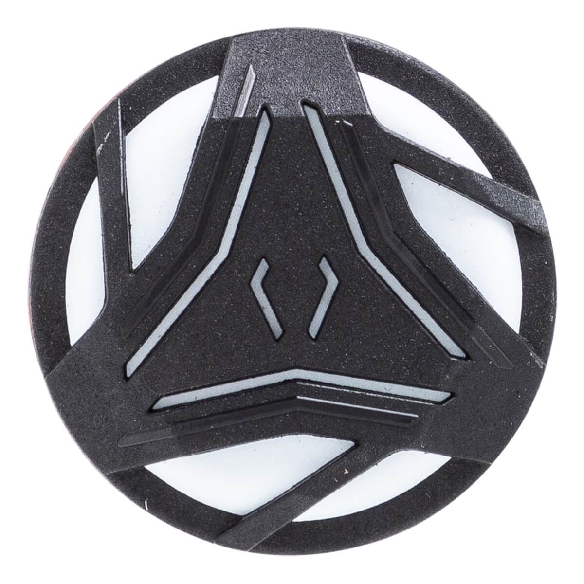 Top-down close-up of a black bat end cap with a raised geometric design, white recessed areas, and chevron shapes.