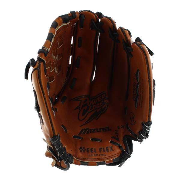 Interior view of a brown youth baseball glove with Power Close and Mizuno branding.