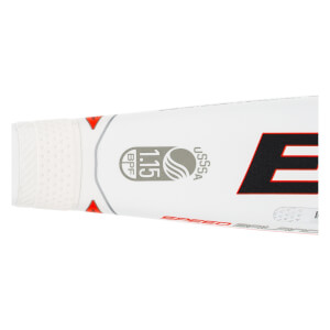Side view of a white baseball bat with a textured grip, 1.15 BPF USSSA logo, and a large red E.