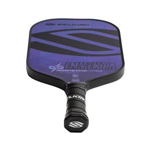 Top-down view of a purple pickleball paddle with black S-shaped graphic and INVIKTA text.