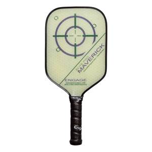Front view of a light green pickleball paddle with a target design, Maverick text, and a black grip with Eng logo.