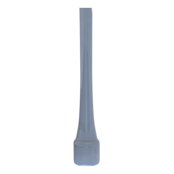 Close-up of a light grey baseball bat with a flared handle and a cylindrical knob.