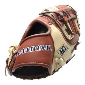 Corner view of a brown and tan baseball glove with DIAMOND text and a diamond logo.