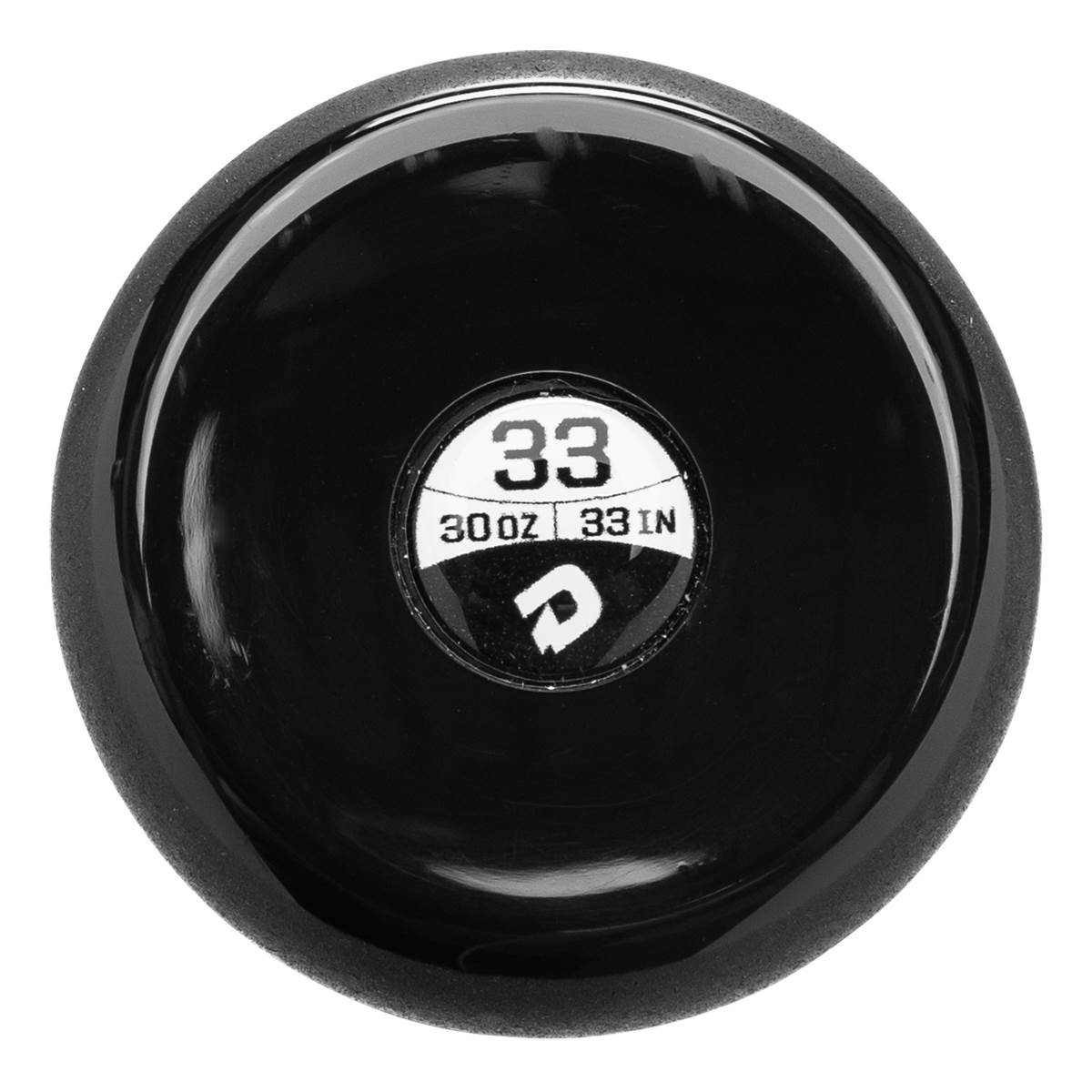 End view of a black baseball bat with 33 and 30 OZ 33 IN markings and a white DeMarini logo.