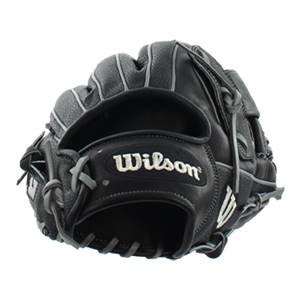 Front view of a black Wilson baseball glove with white stitching and a white Wilson logo.