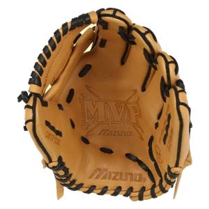Top-down view of a tan baseball glove with black lacing and MVP and Mizuno logos.