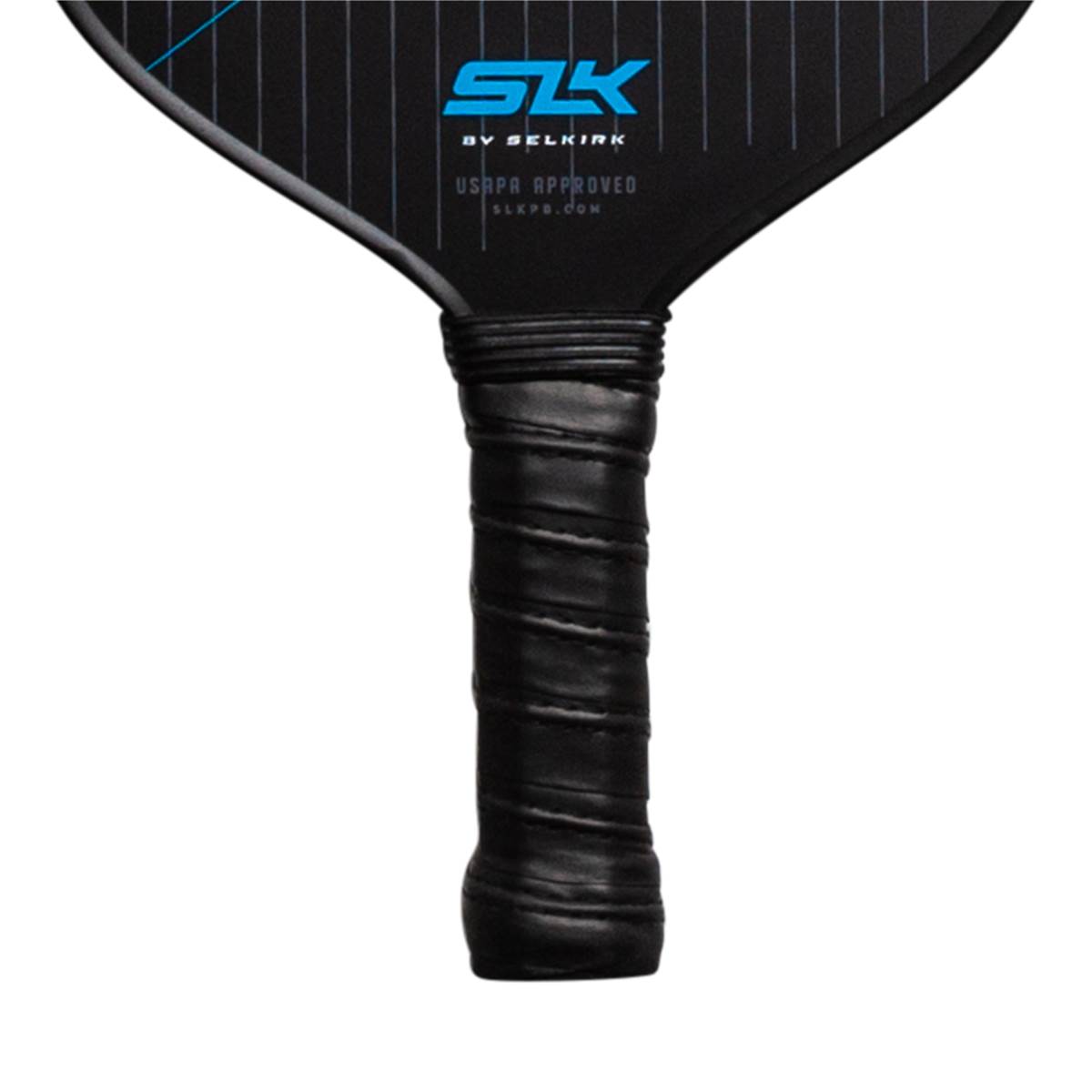 Top-down view of a black pickleball paddle with SLK logo and USAPA APPROVED text.
