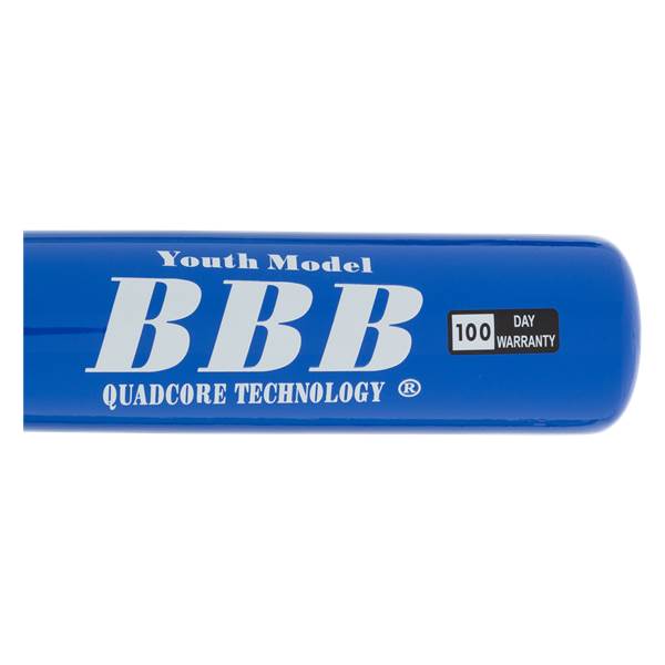 Close-up side view of a blue baseball bat barrel with white Youth Model BBB text and 100 DAY WARRANTY box.