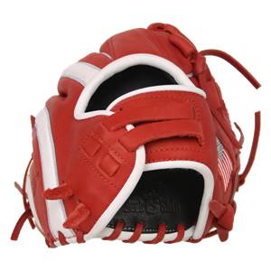 Close-up of a red baseball glove with white trim and an American flag detail.
