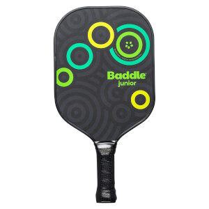 Front view of a black Baddle junior pickleball paddle with green and yellow circles and Baddle junior text.