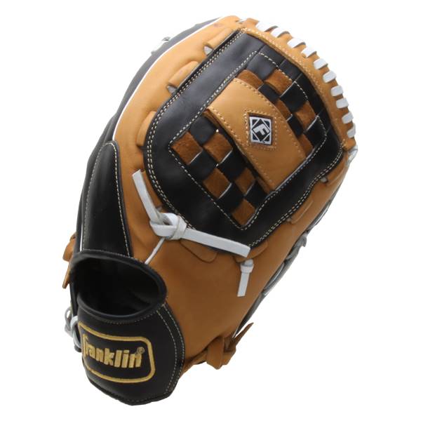 Side view of a tan and black baseball glove with white lacing and a checkered web pattern.