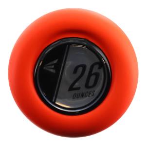 End cap view of an orange softball bat with a black circular insert showing the Easton logo and 26 OUNCES.