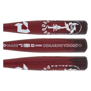 Side view of a maroon baseball bat with white DeMarini Voodoo branding and -8 size indicator.