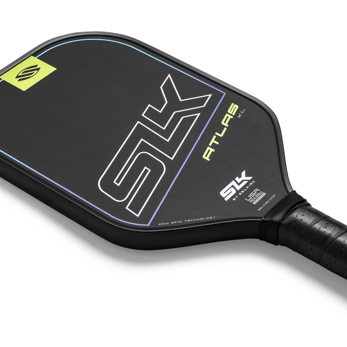 Top-down view of a black pickleball paddle with white SLK logo, yellow ATLAS XL text, and a lime green logo.