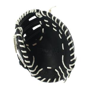 Inside view of a black Spalding training glove with white stitching and PRO SELECT text.