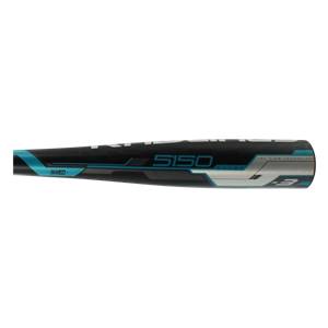 Side view of a black baseball bat with blue accents and 5150 branding.
