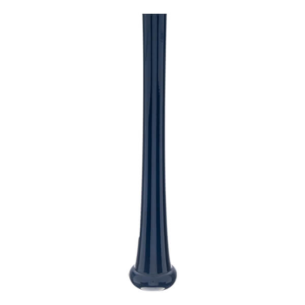 Side view of a dark blue baseball bat with a smooth finish and flared knob.