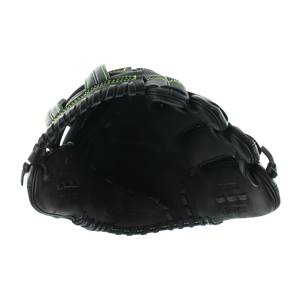 Top-down view of a black Easton Synergy softball glove with neon green stitching and a deep pocket.