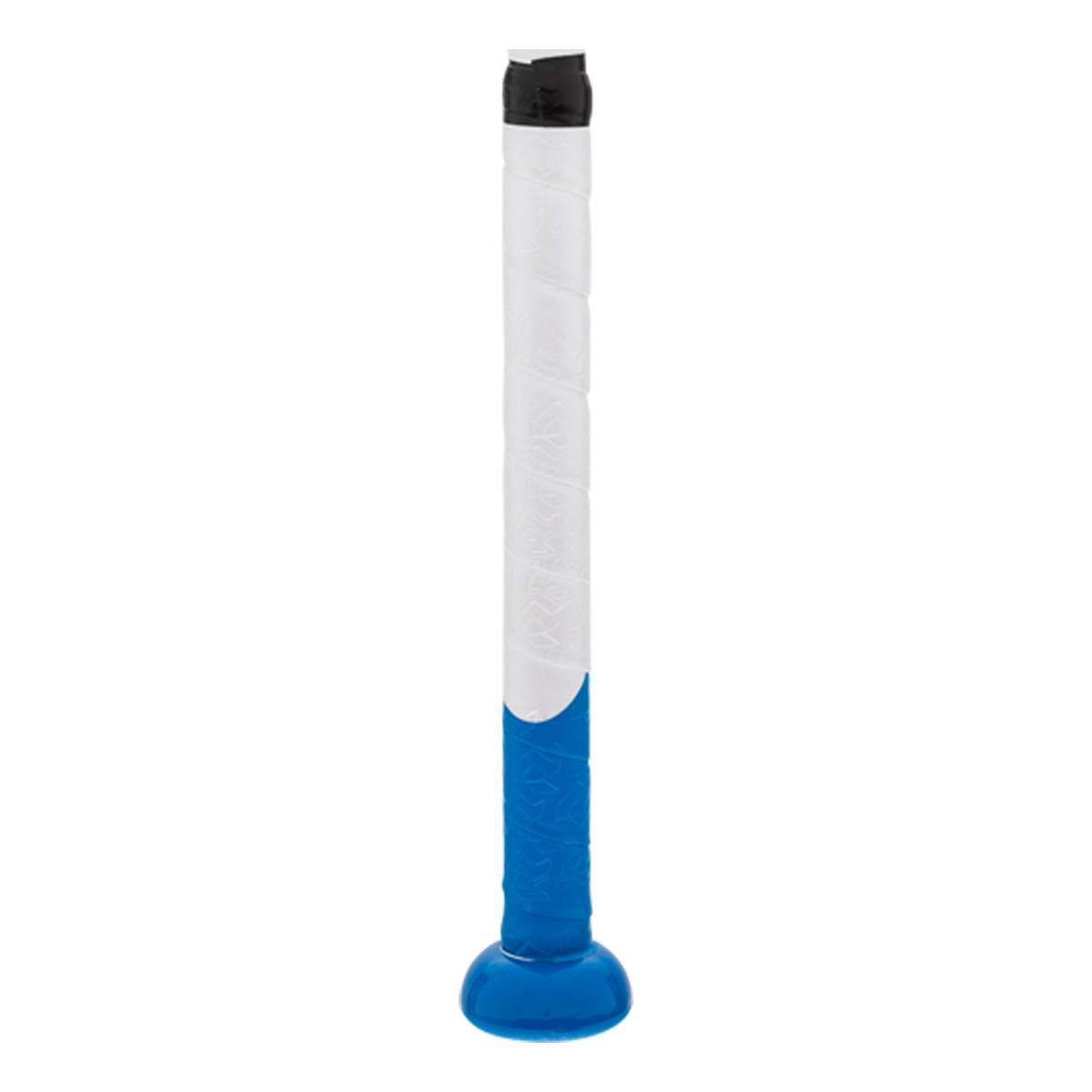 Close-up of the bat handle featuring a blue rounded knob and a two-toned textured grip in blue and white with black finishing tape at the top.