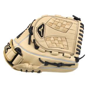 Side view of a tan fastpitch mitt with black lacing and a woven pocket.