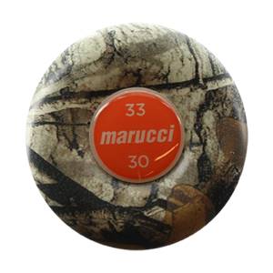 Top-down view of a camouflage baseball bat with an orange end cap showing 33 marucci 30.