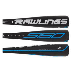 Side view of a black Rawlings 5150 baseball bat with blue 5150 and -11 graphics.