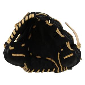 Interior view of a black baseball glove with tan lacing and a deep pocket.