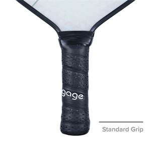 Close-up of a black pickleball paddle grip with perforated texture and gage logo.