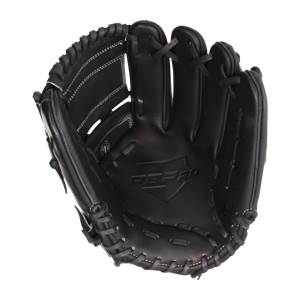 Top-down view of a black baseball glove with white stitching and a debossed PBPRO logo.