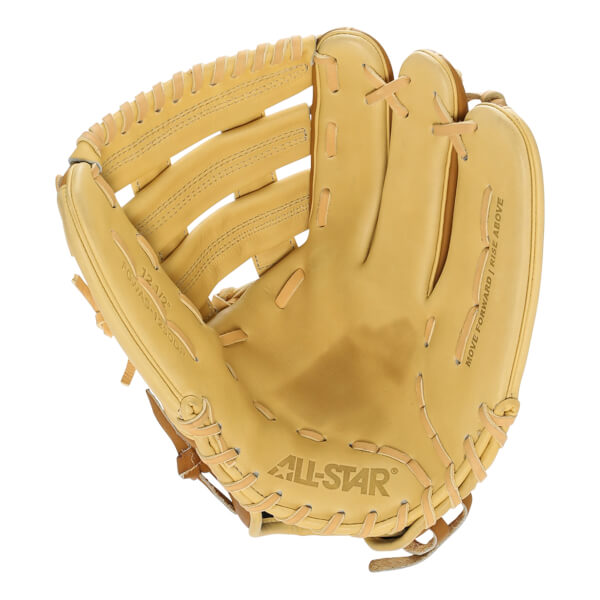 Front view of a tan All-Star fastpitch softball glove with MOVE FORWARD | RISE ABOVE text.