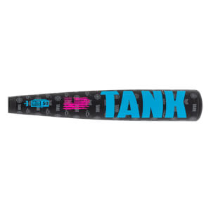 Side view of a black baseball bat with blue TANK text, a pink American flag, and BBCOR .50 markings.