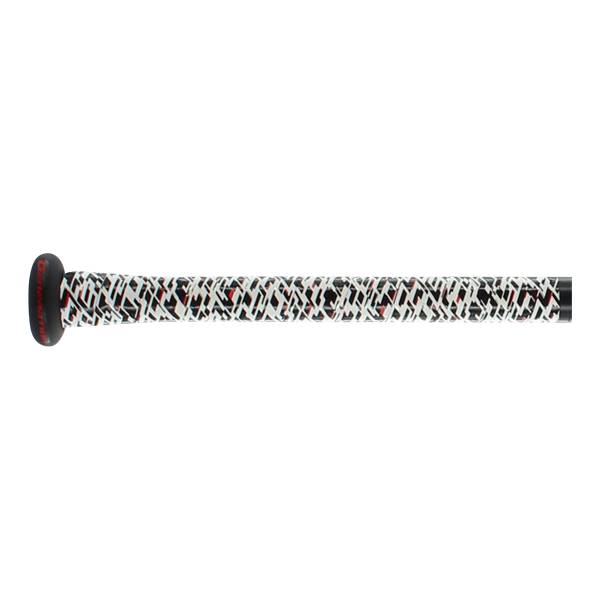 Side view of a black baseball bat with a white, red, and black patterned grip.