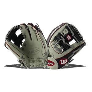 Front view of a white baseball glove with black and red accents, featuring A2000 and Wilson branding.
