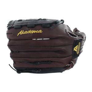Side view of a brown baseball glove with gold Akadema text and a black patch with a gold A logo.