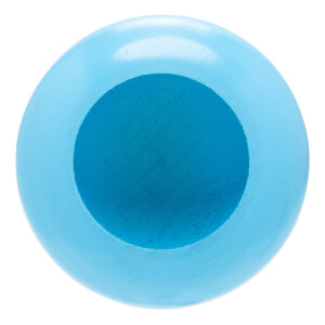 End view of a light blue baseball bat with a darker blue cupped barrel.