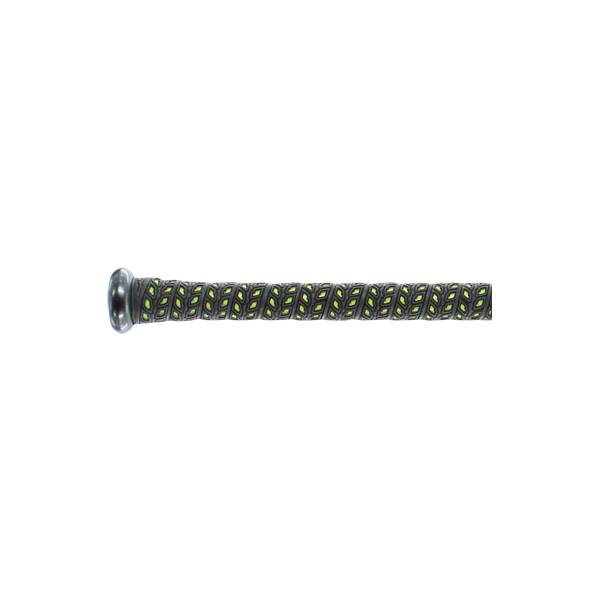 Side view of a black baseball bat with a textured grip and silver end cap.