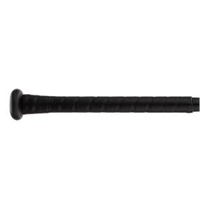Side view of a black baseball bat with a textured grip and a rounded knob.