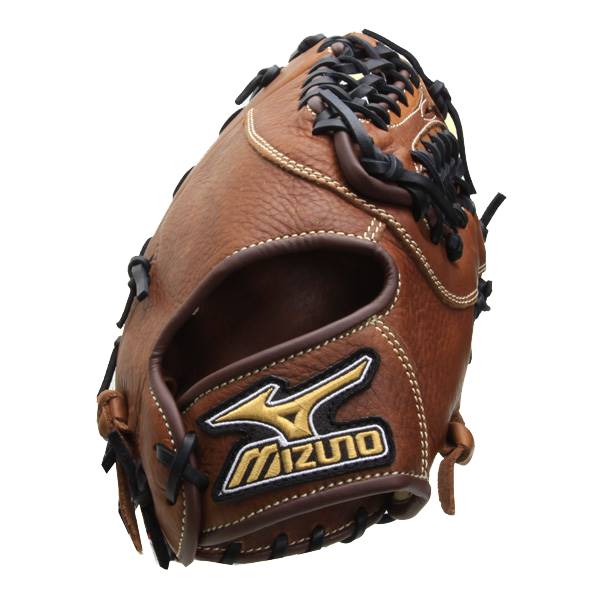 Side view of a brown baseball glove with black lacing and a Mizuno logo.