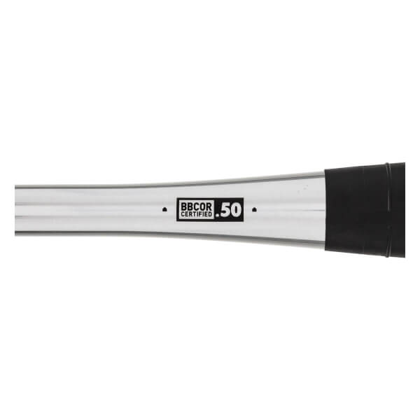 Side view of a silver baseball bat with black grip and BBCOR CERTIFIED .50 markings.