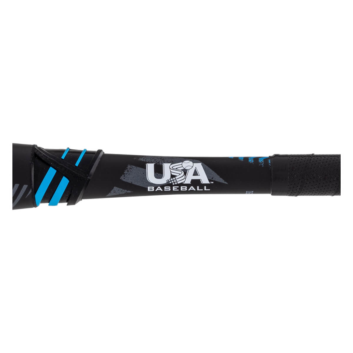 Side view of a black baseball bat handle with blue grip accents, textured grip, and a USA BASEBALL logo.